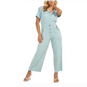 Guess Denim Cargo Wide Leg Jumpsuit Women L Light Blue Button Front Utility Chic